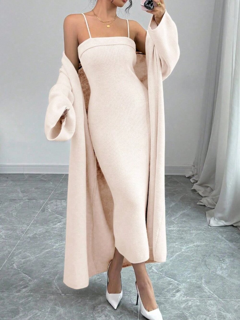 Casual Minimalist Women's Blush Spaghetti Strap knit Dress & cardigan set